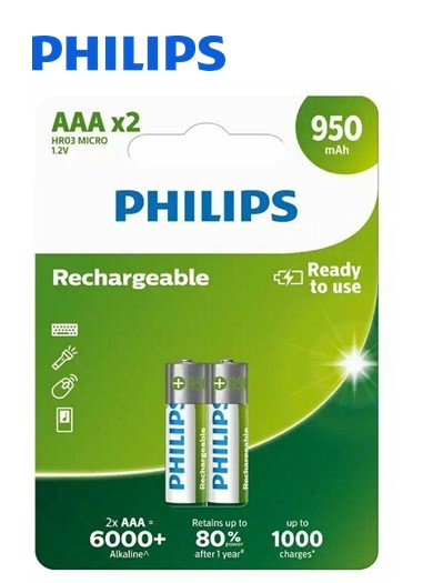 PHILR03REX2  PILA RECARGABLE LR03 PHILIPS X 2 (950 mAh)