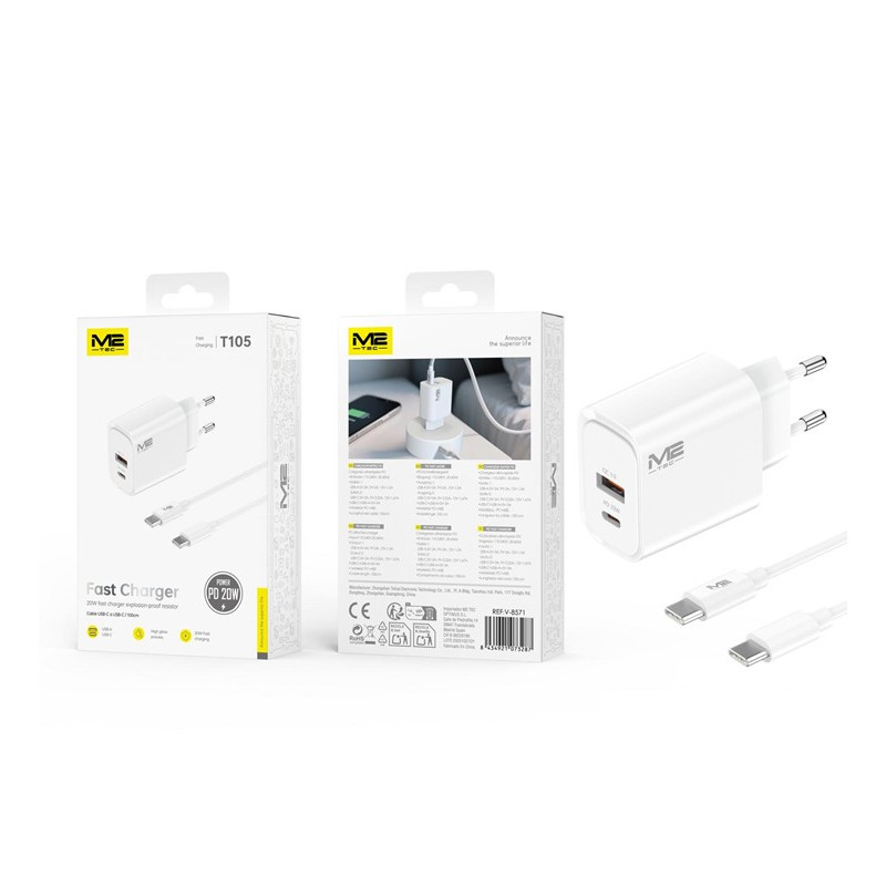 Alimentador M2TEC USB A+C con Cable Tipo C 20W QC