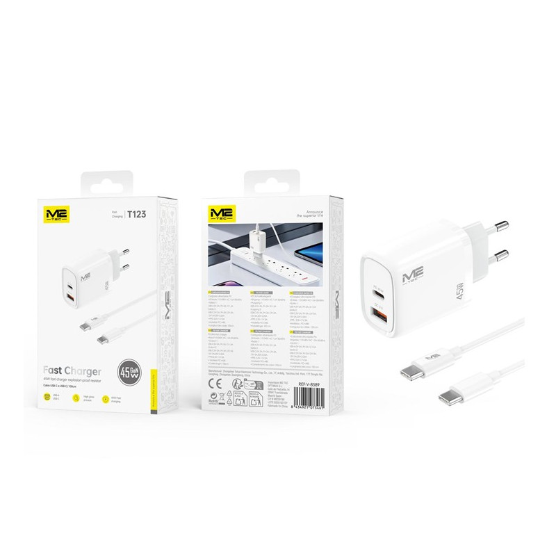 Alimentador M2TEC GAN USB A+C con Cable Tipo C 45W QC